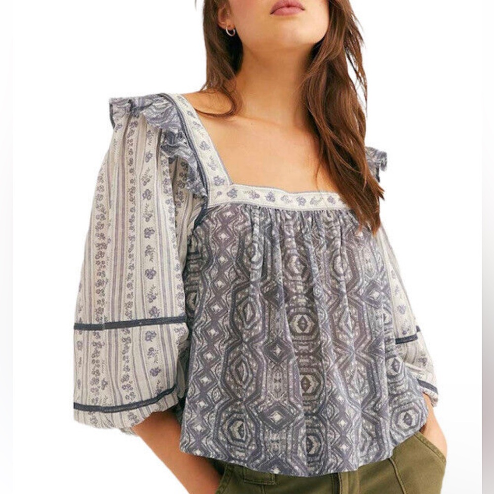 B2 Free People Mostly Meadow Blouse M Puff‎ Sleeve